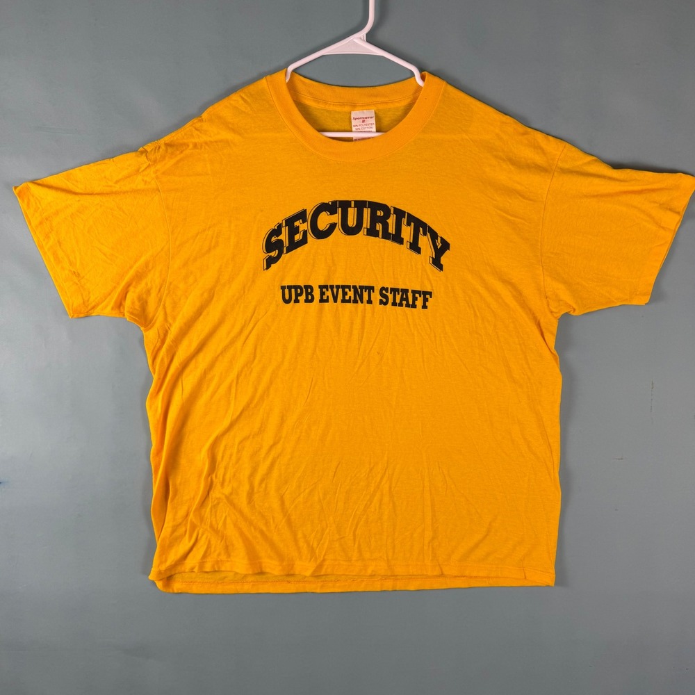 Vintage 80s Sportswear II Mens XXL Yellow Security Staff Paper Thin Tee Made USA